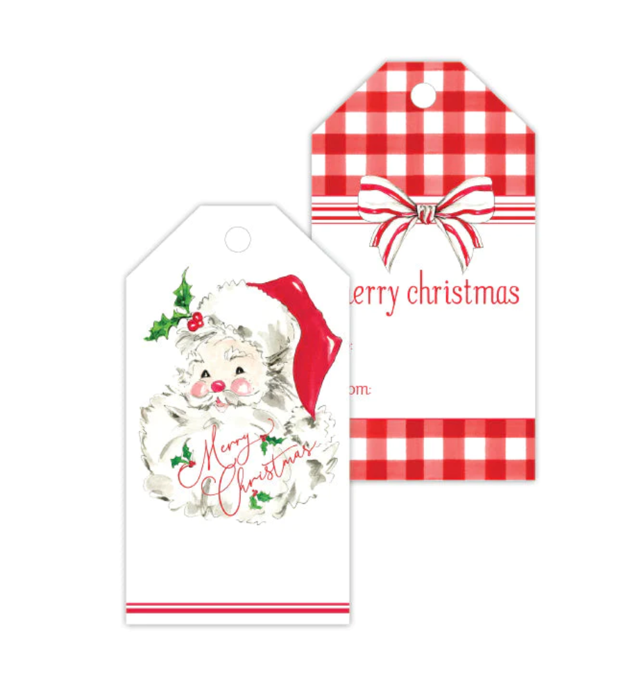 The Canton Christmas Shop Merry Christmas Red Santa Vintage Style Gift Tags on white background by Roseanne Beck Dallas Designer