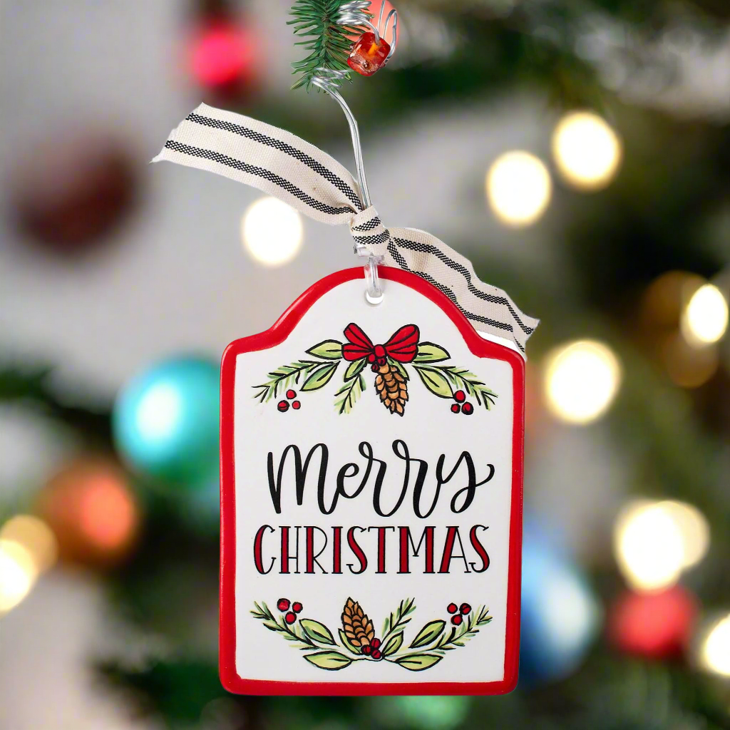 Christmas Cheer All Year Merry Christmas Flat Ceramic Handpainted Ornament by Glory Haus