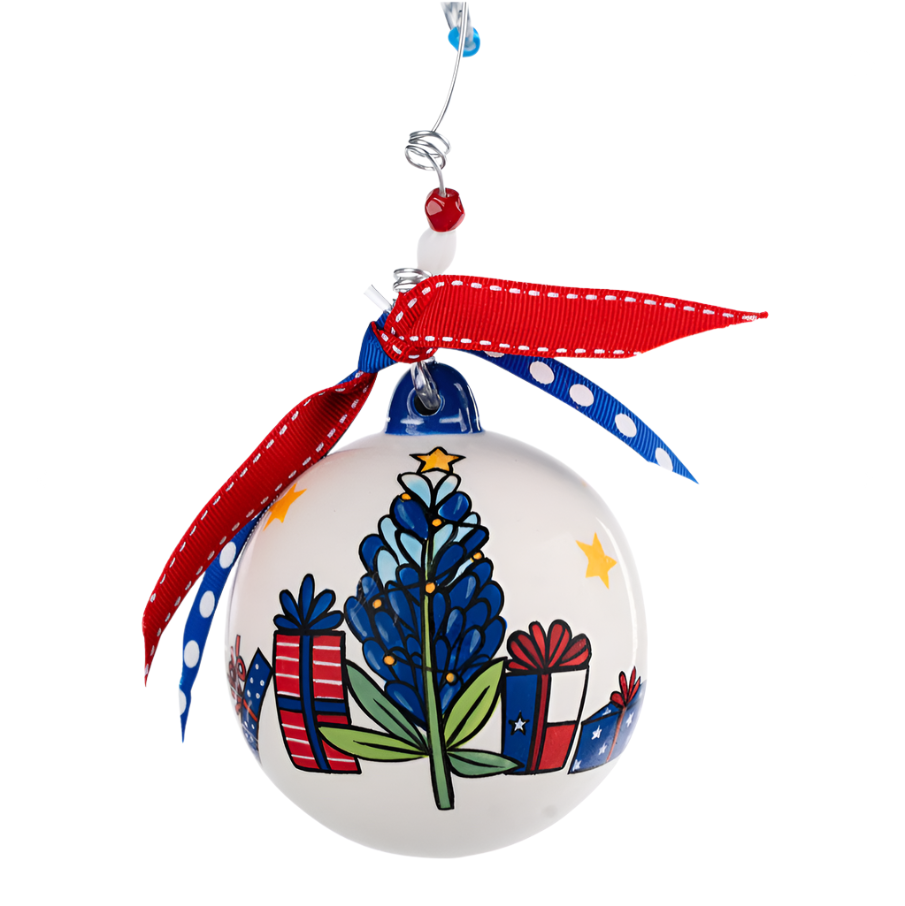 The Canton Christmas Shop Merry Texmas Bluebonnet Ornament with Texas flag red and blue ribbon yellow stars