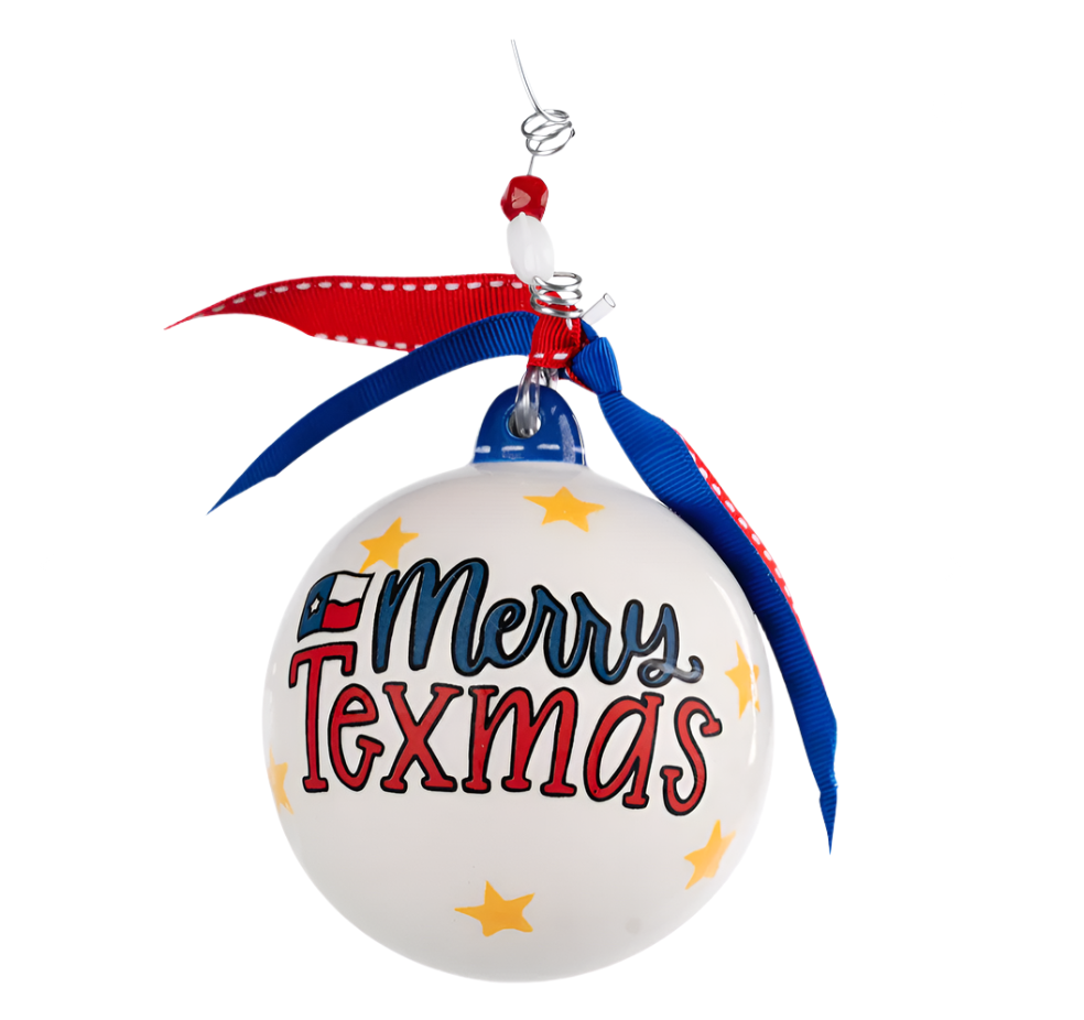 The Canton Christmas Shop Merry Texmas Bluebonnet Ornament with Texas flag red and blue ribbon yellow stars