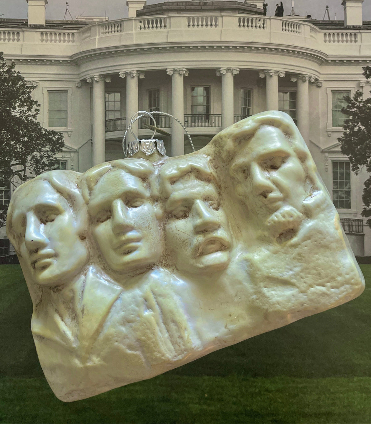 Christmas Cheer All Year Mount Rushmore Presidents Glass Ornament in front of the White House