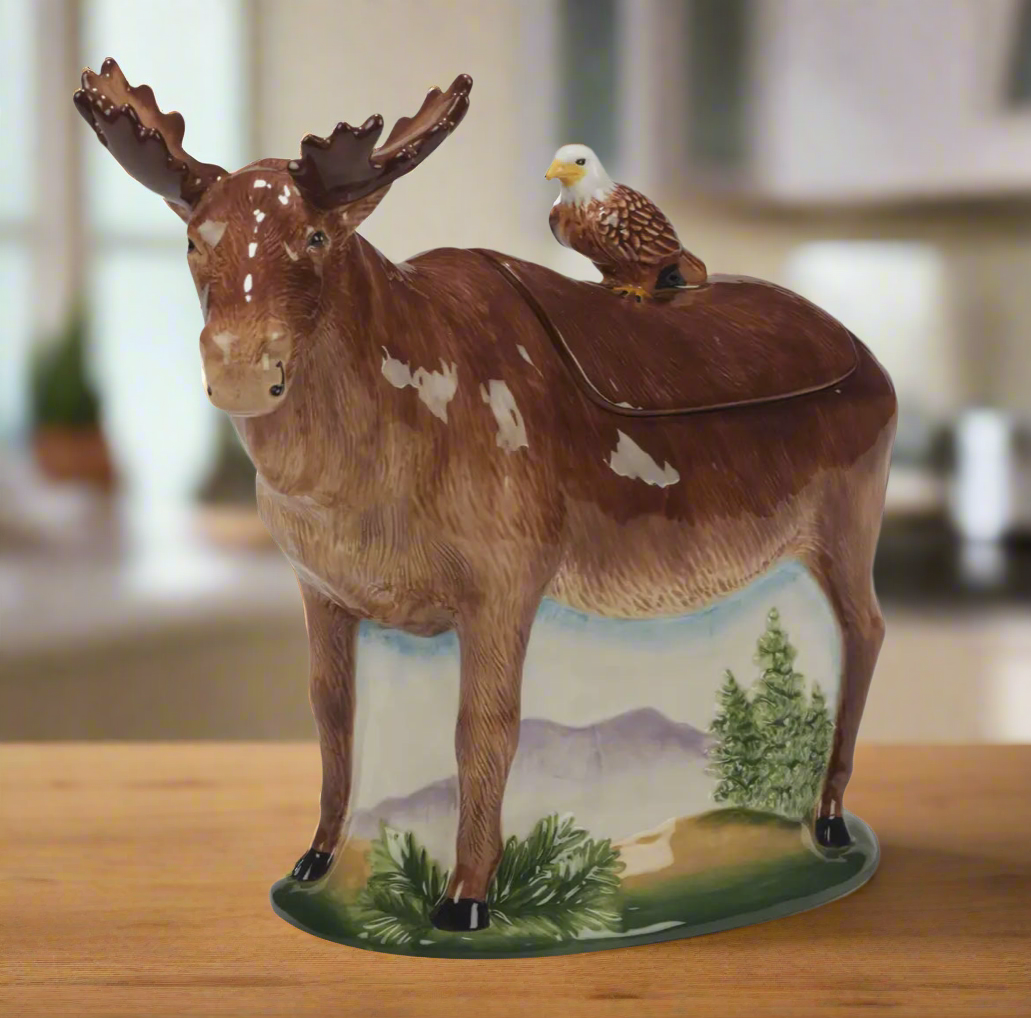 The Canton Christmas Shop Mountain Moose and Eagle Ceramic Cookie Jar Lake Mountain River Colorado Pines