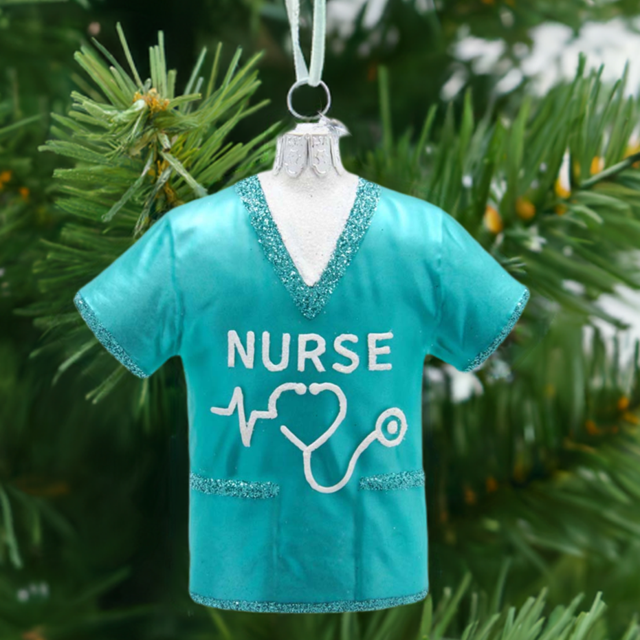 Christmas Cheer All Year Noble Gems Nurse Scrubs Glass Glittered Ornament NB1626
