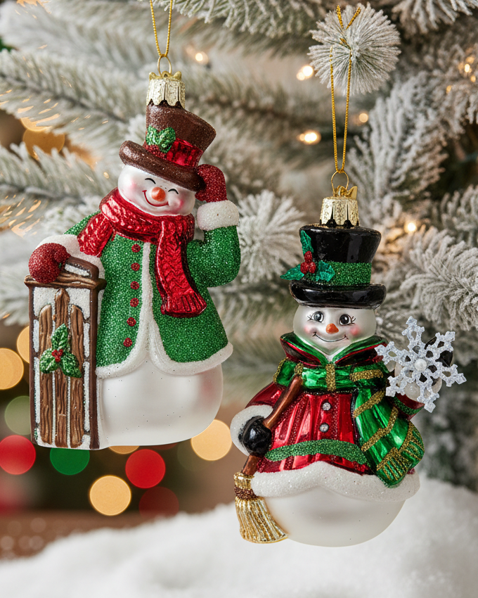 Christmas Cheer All Year noble gems ornaments snowman with sled snowman with broom glittered ornaments