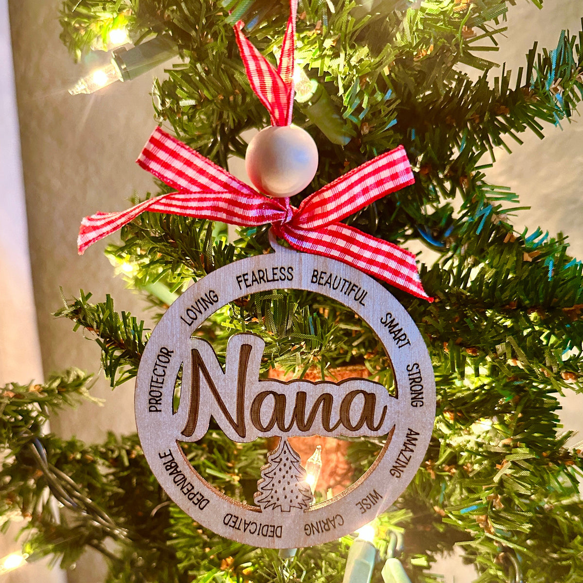 Christmas cheer all year nana custom made wood ornament with gingham ribbon hanger