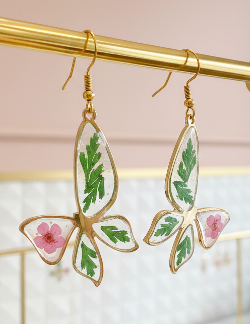 Amanda Bright Designs Narcissus & Ferns Butterfly Pressed Flowers Earrings