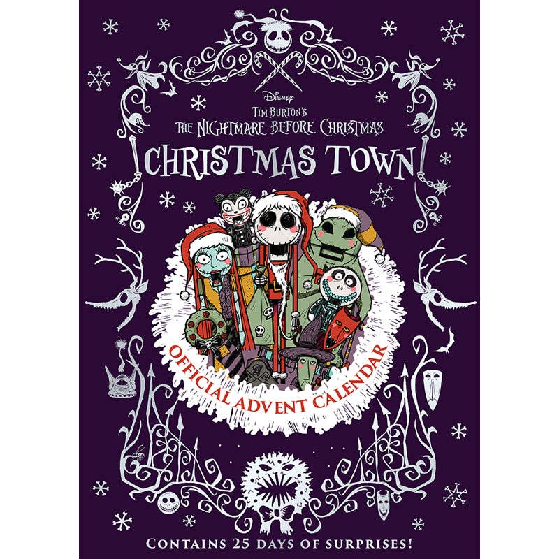 Advent calendar cover for 'The Nightmare Before Christmas: Christmas Town' with characters and decorative elements on a purple background Christmas Cheer All Year