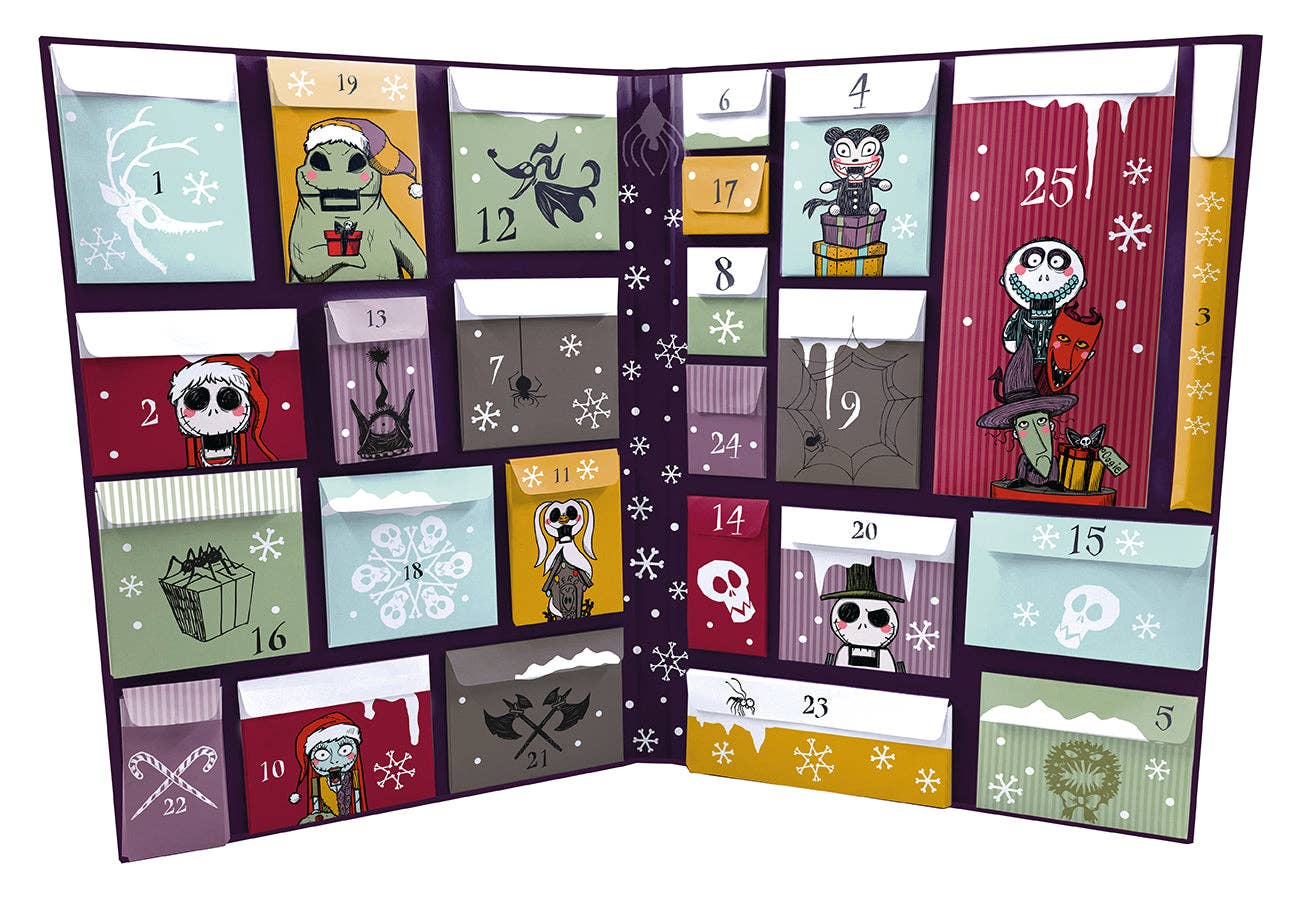 Advent calendar cover for 'The Nightmare Before Christmas: Christmas Town' with characters and decorative elements on a purple background Christmas Cheer All Year