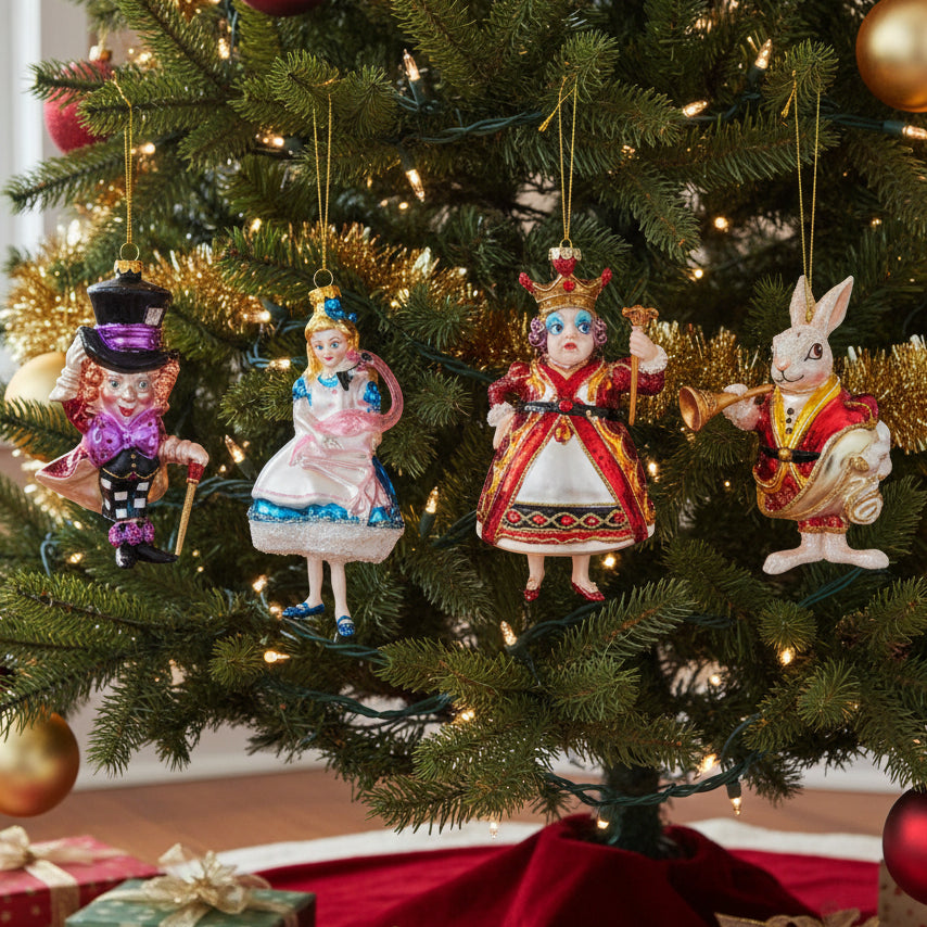 Christmas Cheer All Year Noble Gems Glass Alice in Wonderland Ornament Gift Set Alice Flamingo Mad Hatter Queen of Hearts Rabbit Kurt Adler