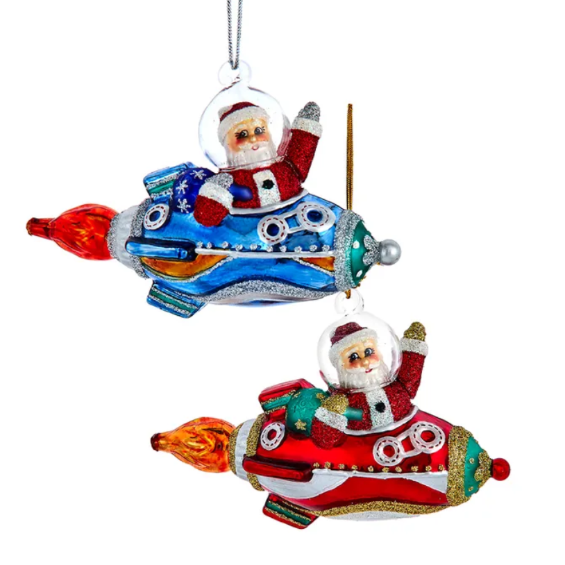Christmas Cheer All Year Noble Gems™ Glass Santa In Rocket Ship Ornament on christmas tree