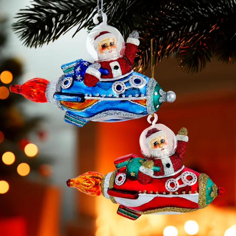 Christmas Cheer All Year Noble Gems™ Glass Santa In Rocket Ship Ornament on christmas tree
