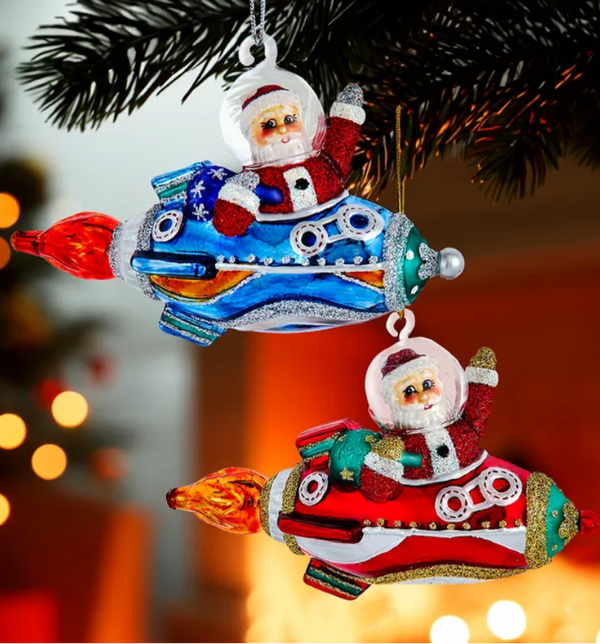 Christmas Rocketship Noble Gems™ Glass Santa In Rocket Ship Ornament - Christmas Cheer All Year