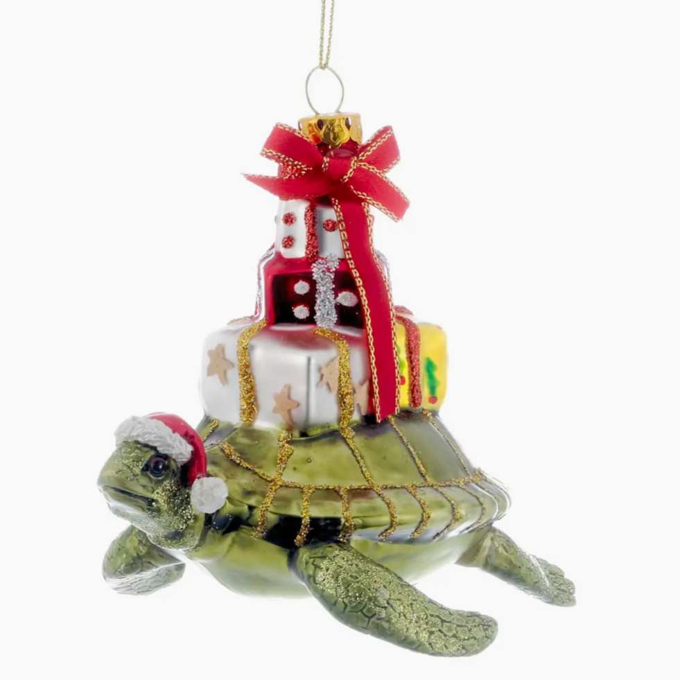 The Canton Christmas Shop Noble Gems™ Glass Turtle With Gift Ornament Santa hat Packages Glittered