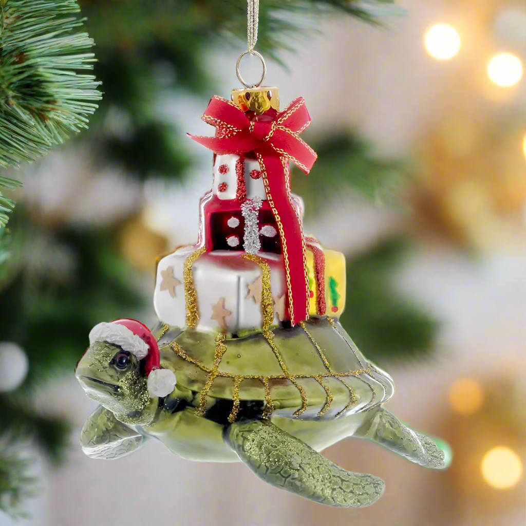 The Canton Christmas Shop Noble Gems™ Glass Turtle With Gift Ornament Santa hat Packages Glittered Kurt Adler