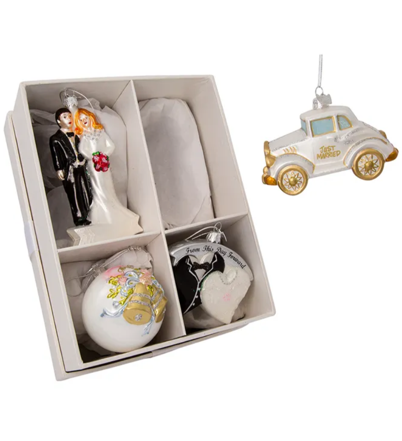 Christmas Cheer All Year Noble Gems Wedding Box Glass Ornaments glittered Gift Set angled view by Kurt Adler