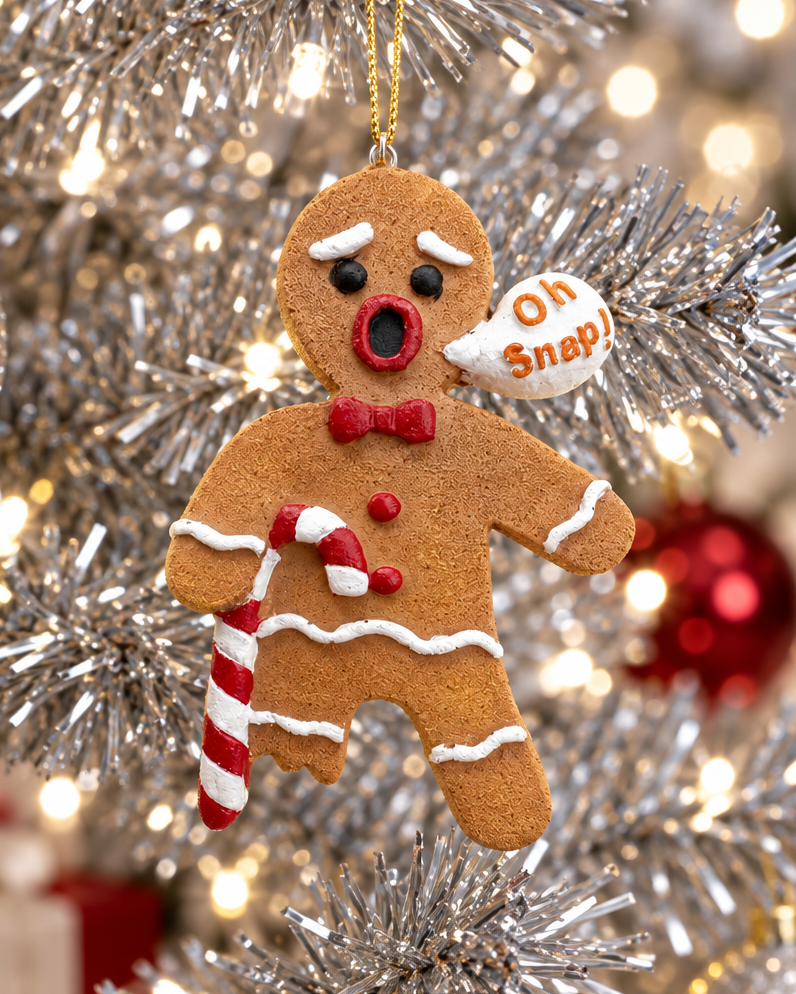 Christmas Cheer All Year Oh snap gingerbread man ornament funny dark humor broken leg with candy cane
