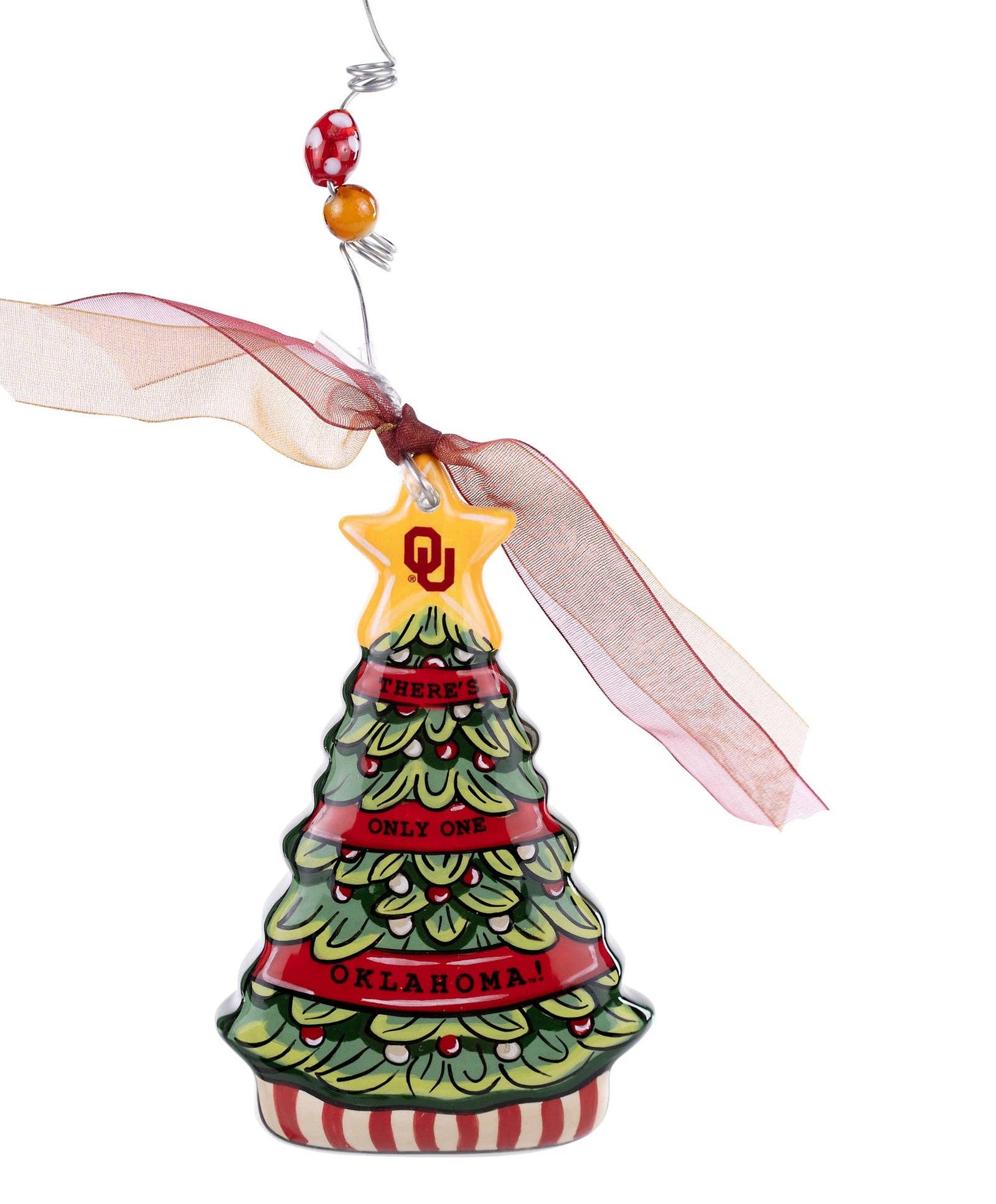 Christmas Cheer All Year Oklahoma University Christmas tree-shaped ornament with 'Oklahoma' text and ribbon on a white background