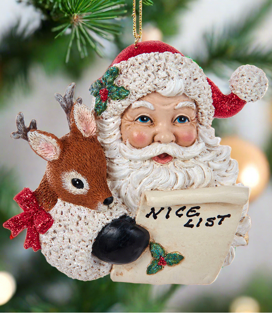 Christmas Cheer All Year Santa's Nice List with Reindeer holly mittens Kurt Adler ornament