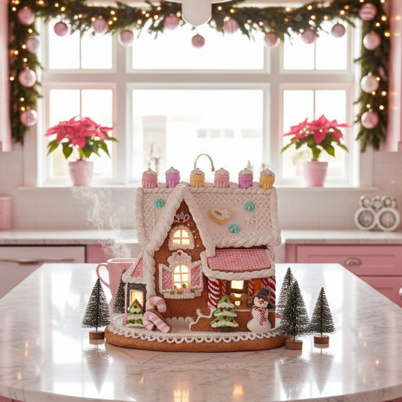 Christmas Cheer All Year Pink kitchen with Christmas decorations, including a pink frosted gingerbread cake house and tree.