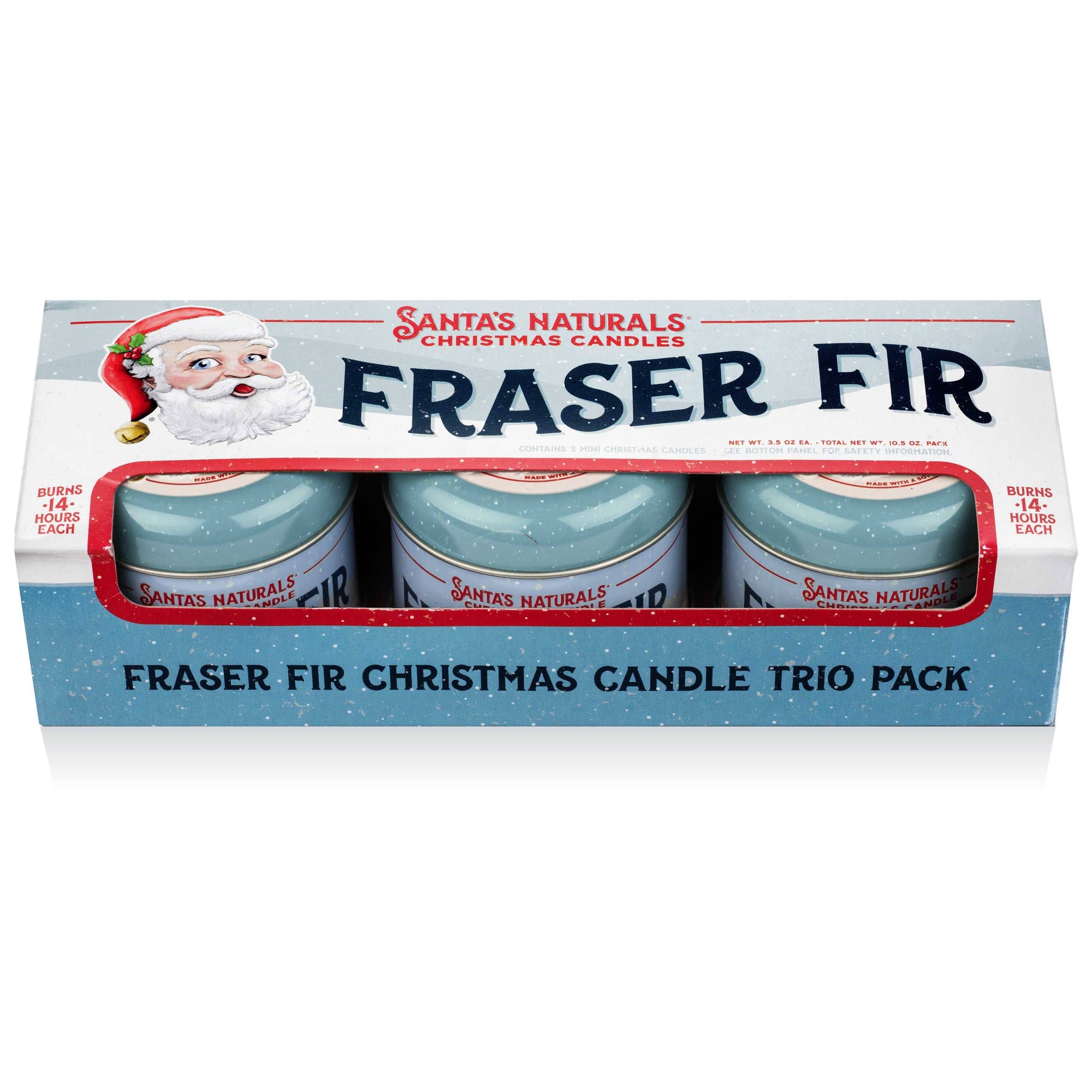 Christmas Cheer All Year Packaging of Santa's Naturals Fraser Fir Christmas candles on a white background