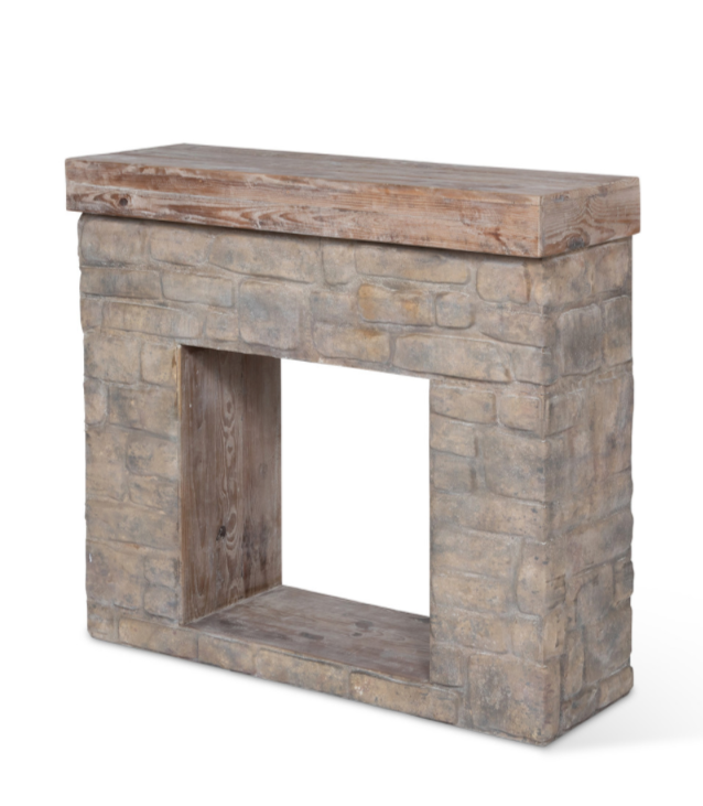 The Canton Christmas Shop Park Hill Stone Fireplace Mantle Angled View Decorated for Christmas