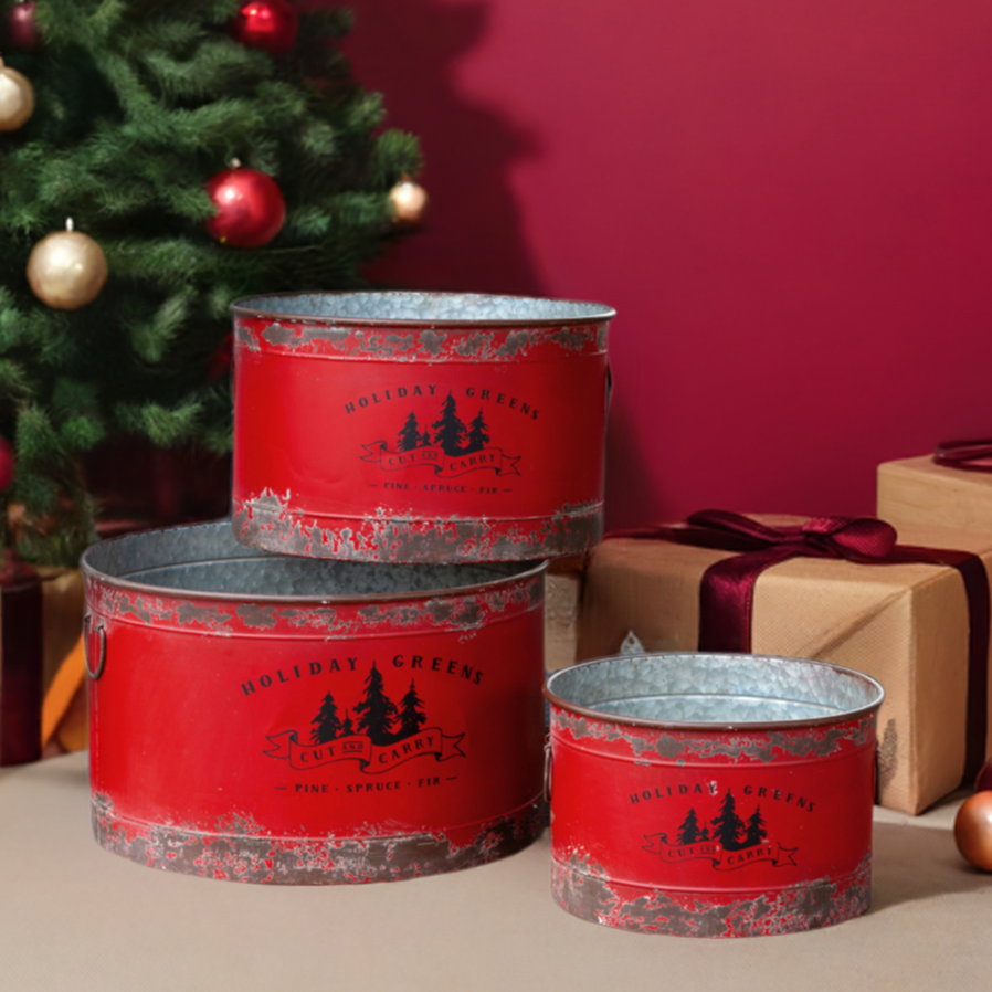 Christmas Cheer All Year Antique Red Metal Tree Pots, Assorted Sizes Holiday Greens Cut and Carry Tin