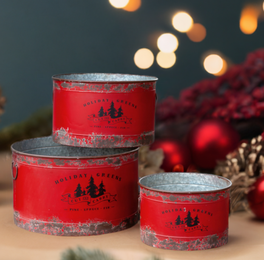 Christmas Cheer All Year Antique Red Metal Tree Pots, Assorted Sizes Holiday Greens Cut and Carry Tin