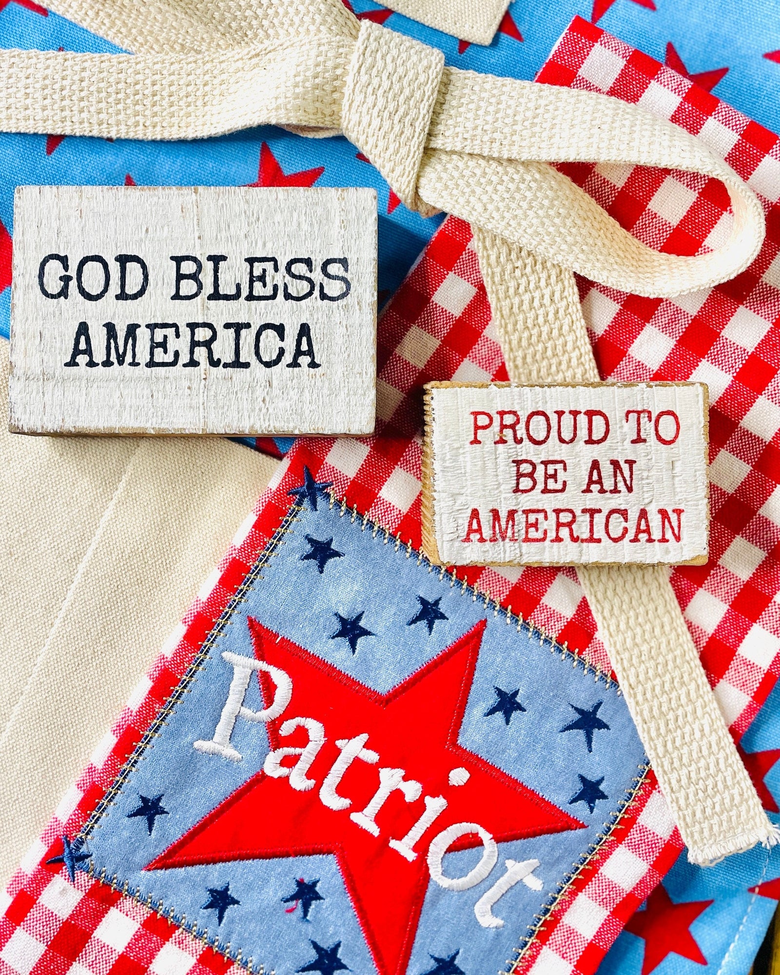 Christmas Cheer All Year Patriot Star Embellished Kitchen Towel and Proud to be American God bless America box sitters