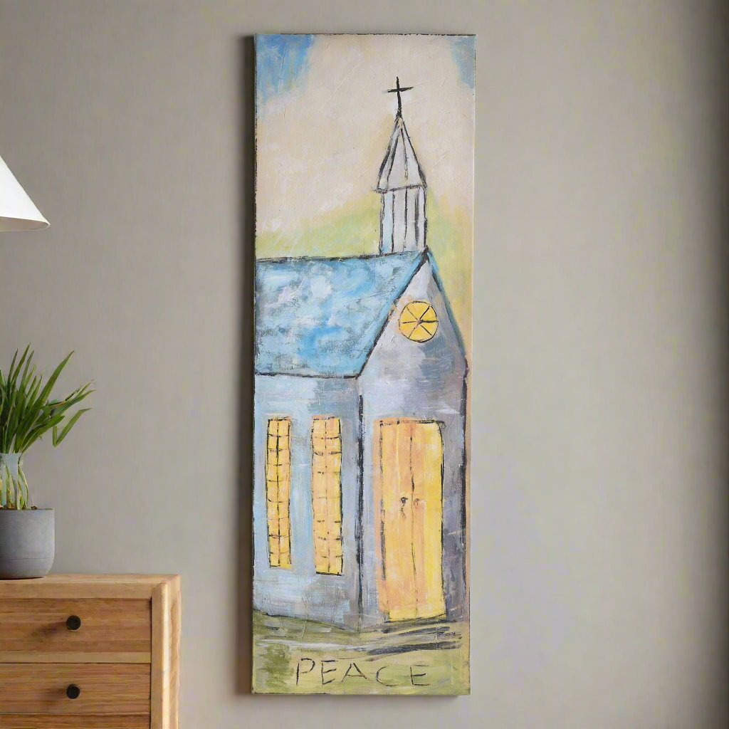 Christmas Cheer All Year Peace Church and Steeple Painted Canvas by Glory Haus