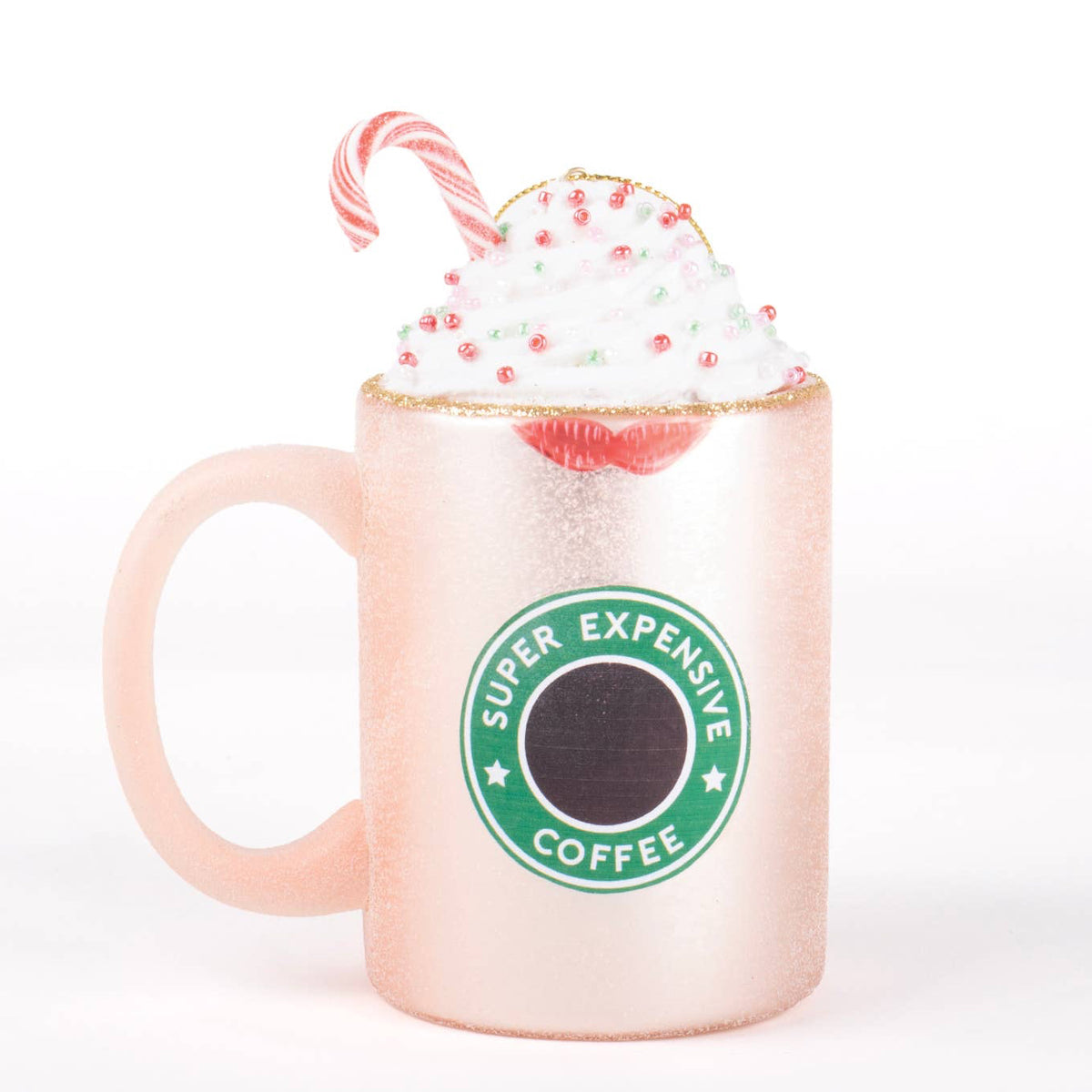 Christmas Cheer All Year Pink mug ornament with &#39;Super Expensive Coffee&#39; logo, whipped cream, and candy cane on a white background
