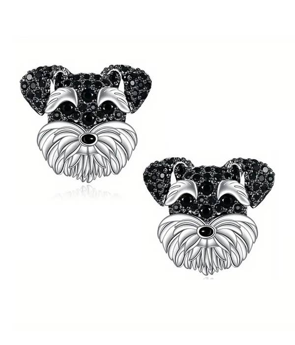 Pair of dog-shaped schnauzer metal earrings with black gemstones 