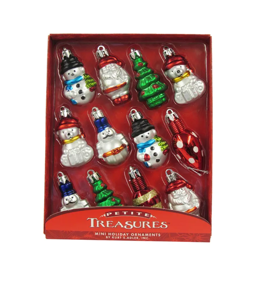 The Canton Christmas Shop Kurt Adler Petite Treasures Collection Miniature Shatterproof Hanging Christmas Ornaments, 12-Piece Set in Box, 2 Inch
