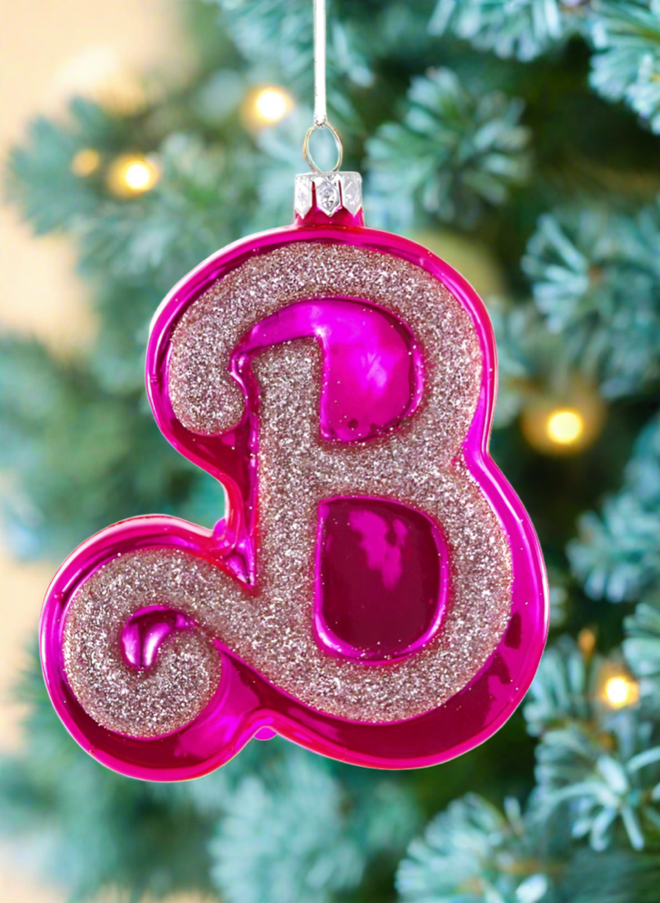 Christmas Cheer All Year Shop Pink Glittered B Barbie Ornament by Cody Foster & Co.