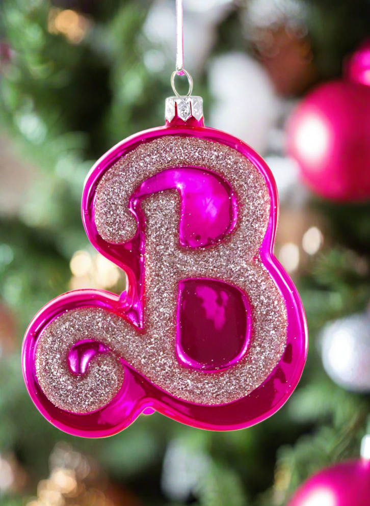 Christmas Cheer All Year Pink Glittered B Barbie Ornament by Cody Foster & Co.