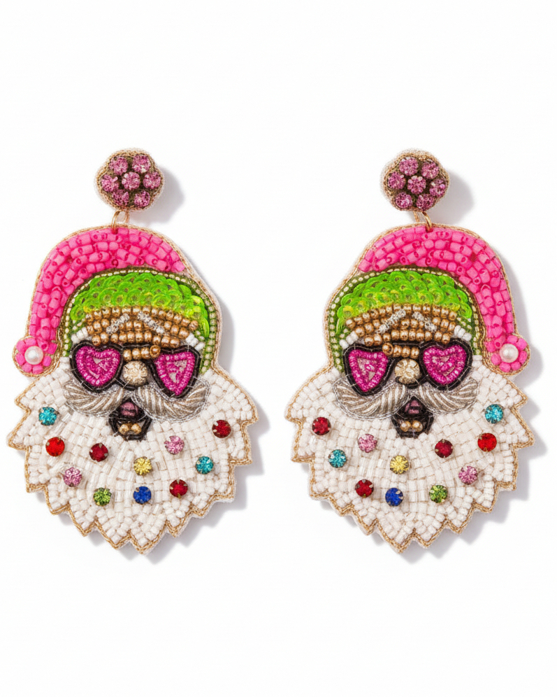 A pair of beaded dangle earrings shaped like Santa's beard and hat, featuring pink, green, white, and gold beadwork with colorful rhinestone accents, shown on a plain white background.