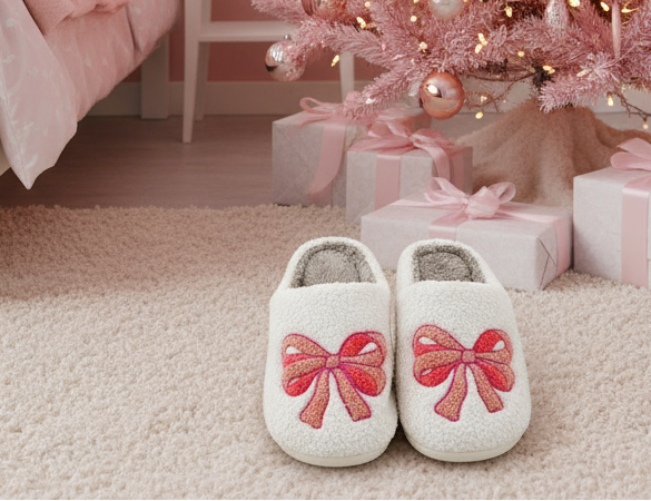 Christmas Cheer All Year Pink Bow Sherpa Slippers