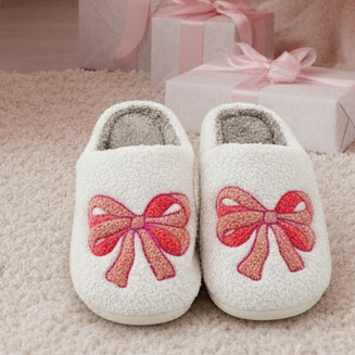 Christmas Cheer All Year Pink Bow Sherpa Slippers