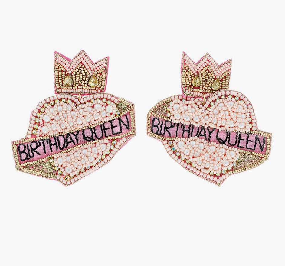 Christmas Cheer All Year Pink Crown Birthday Queen Seed Bead Heart Drop Earrings
