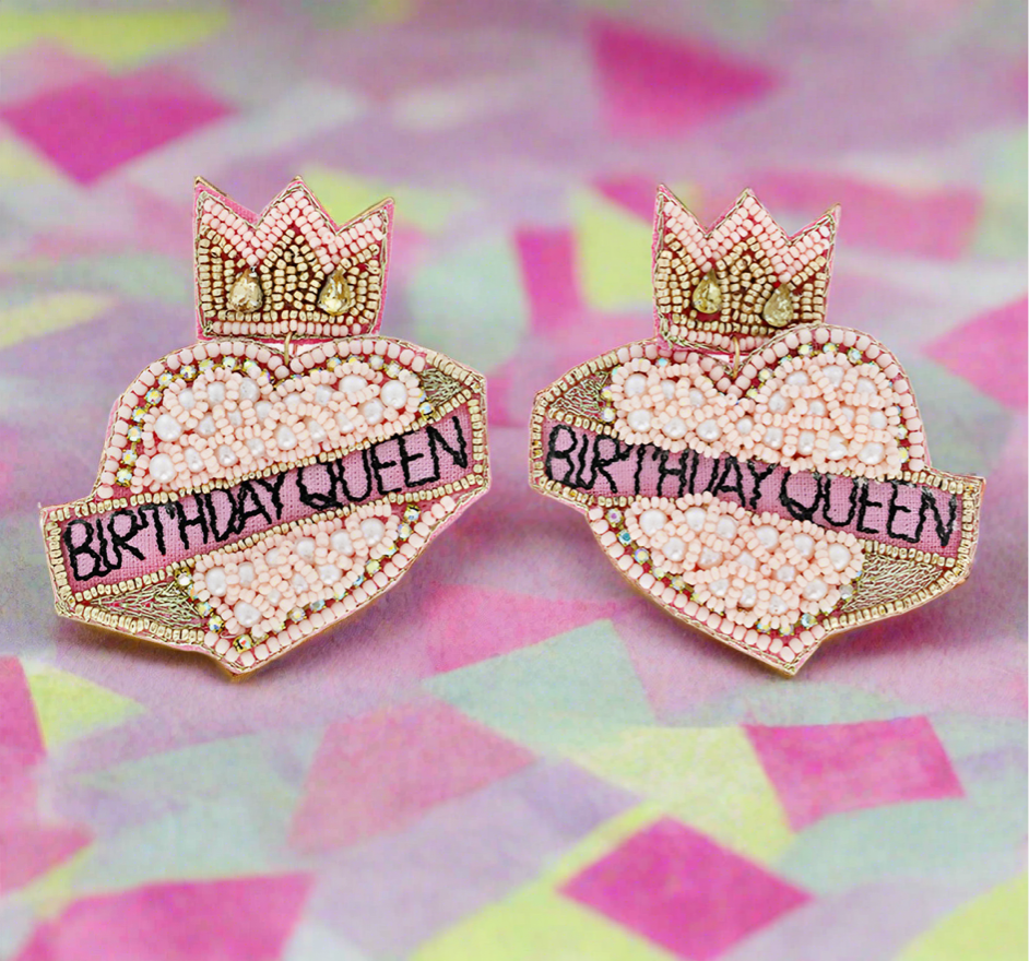 Christmas Cheer All Year Pink Crown Birthday Queen Seed Bead Heart Drop Earrings
