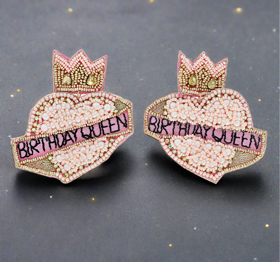 Christmas Cheer All Year Pink Crown Birthday Queen Seed Bead Heart Drop Earrings