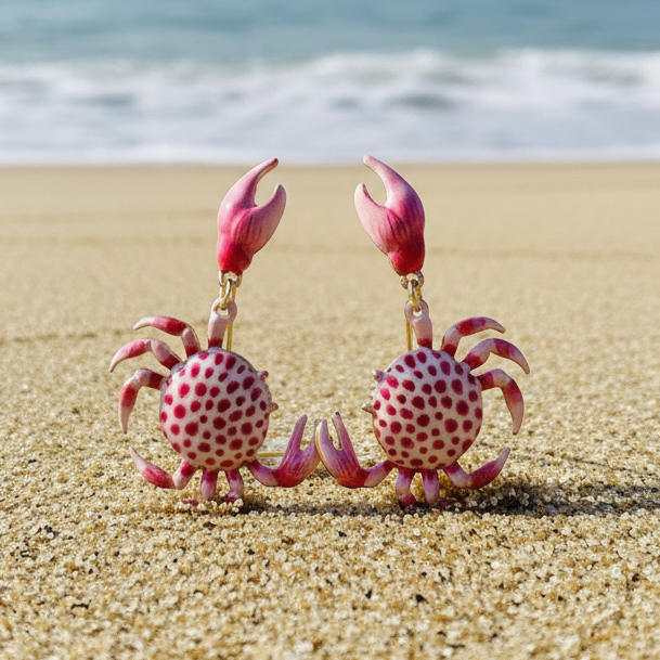 Amanda Bright Designs Pink crab-shaped earrings on a sandy beach with ocean in the background