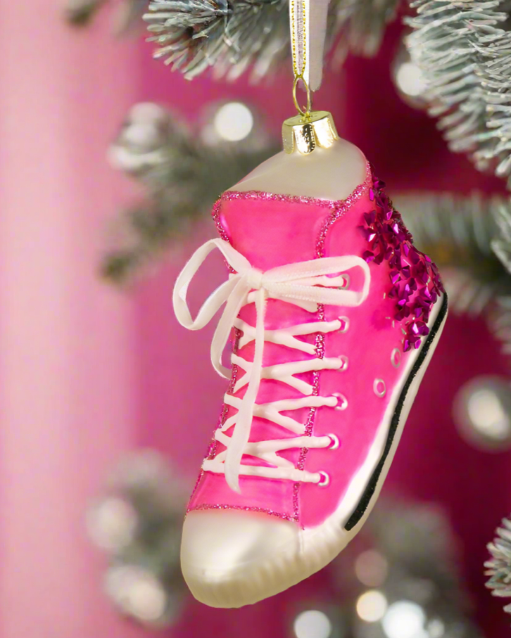 Christmas Cheer All Year Pink Glittered High Top Sneaker Chuck Taylor Style Shoe Ornament on Christmas tree