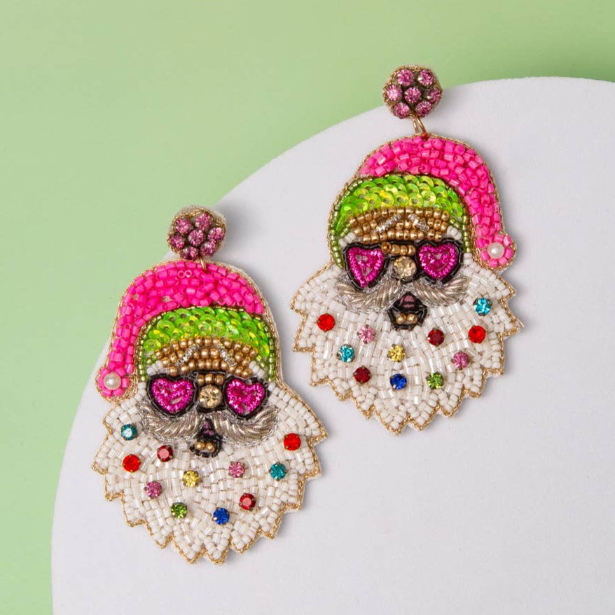 Pink Glittery Ski Santa Earrings Christmas Cheer All Year