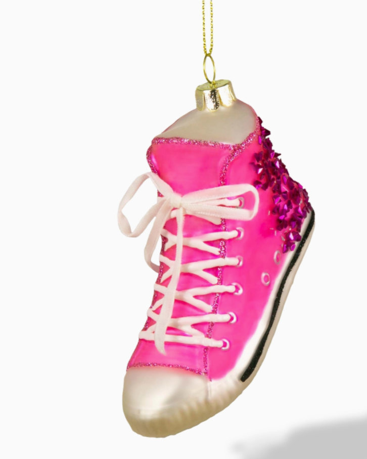 Christmas Cheer All Year Pink Glittered High Top Sneaker Chuck Taylor Style Shoe Ornament on Christmas tree