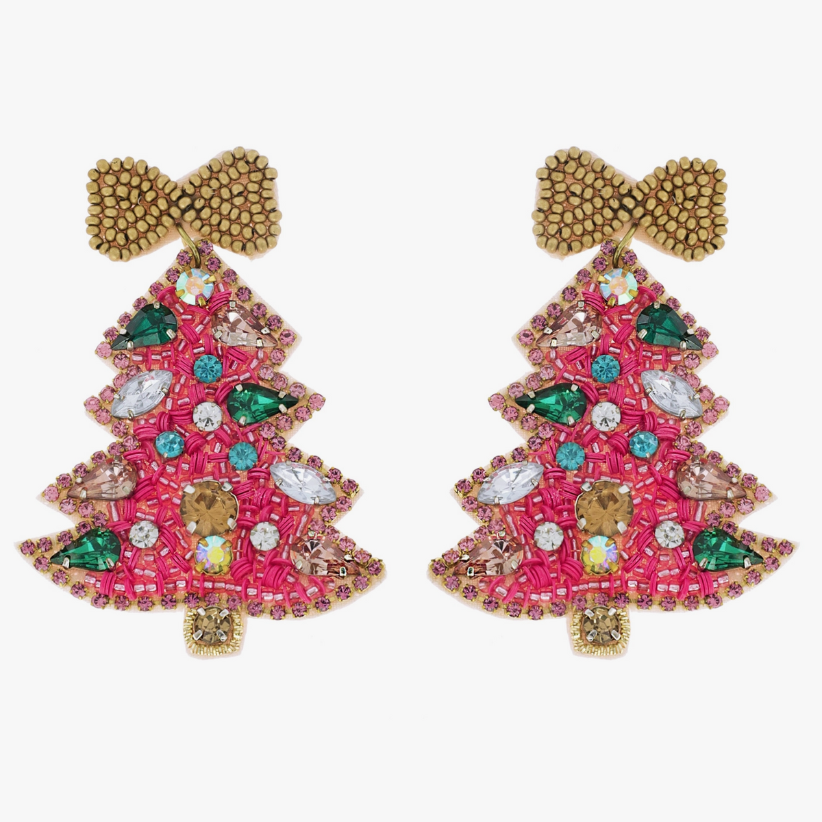 Christmas Cheer All year Pink Jeweled Beaded Christmas Tree Earrings with Gold Bowfun