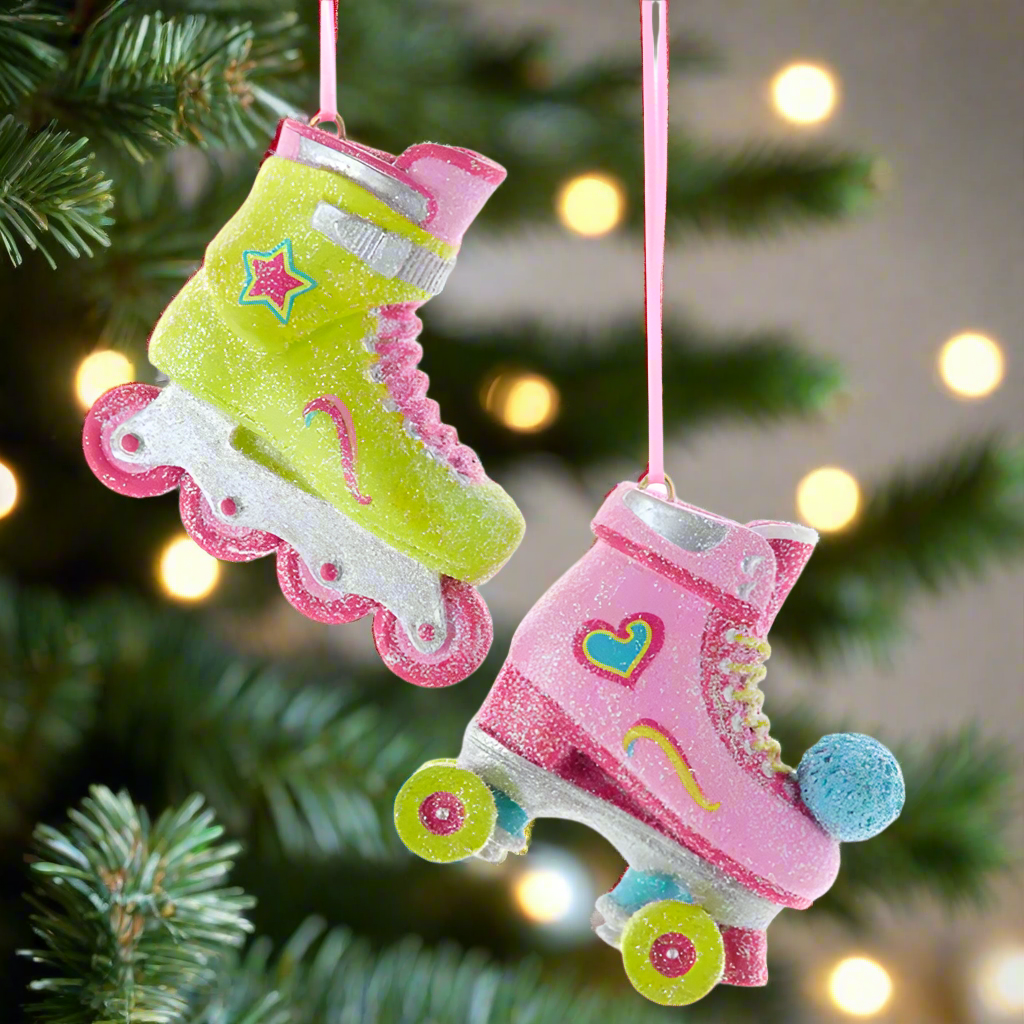 The Canton Christmas Shop Pink and Yellow In-line and roller skate glittered resin ornaments by Kurt Adler