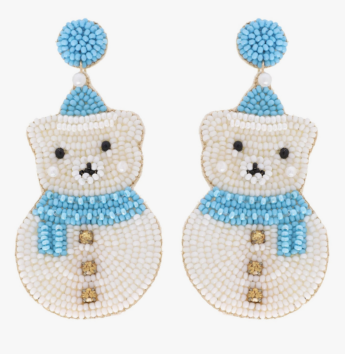 Christmas Cheer All Year Polar Bear Snowman Blue and White Beaded Earrings