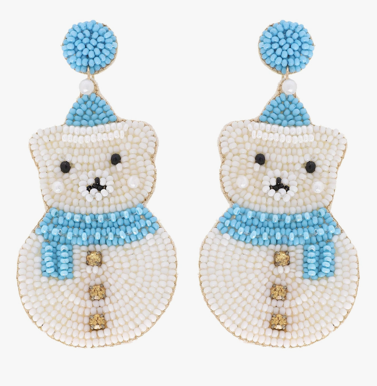 Christmas Cheer All Year Polar Bear Snowman Blue and White Beaded Earrings