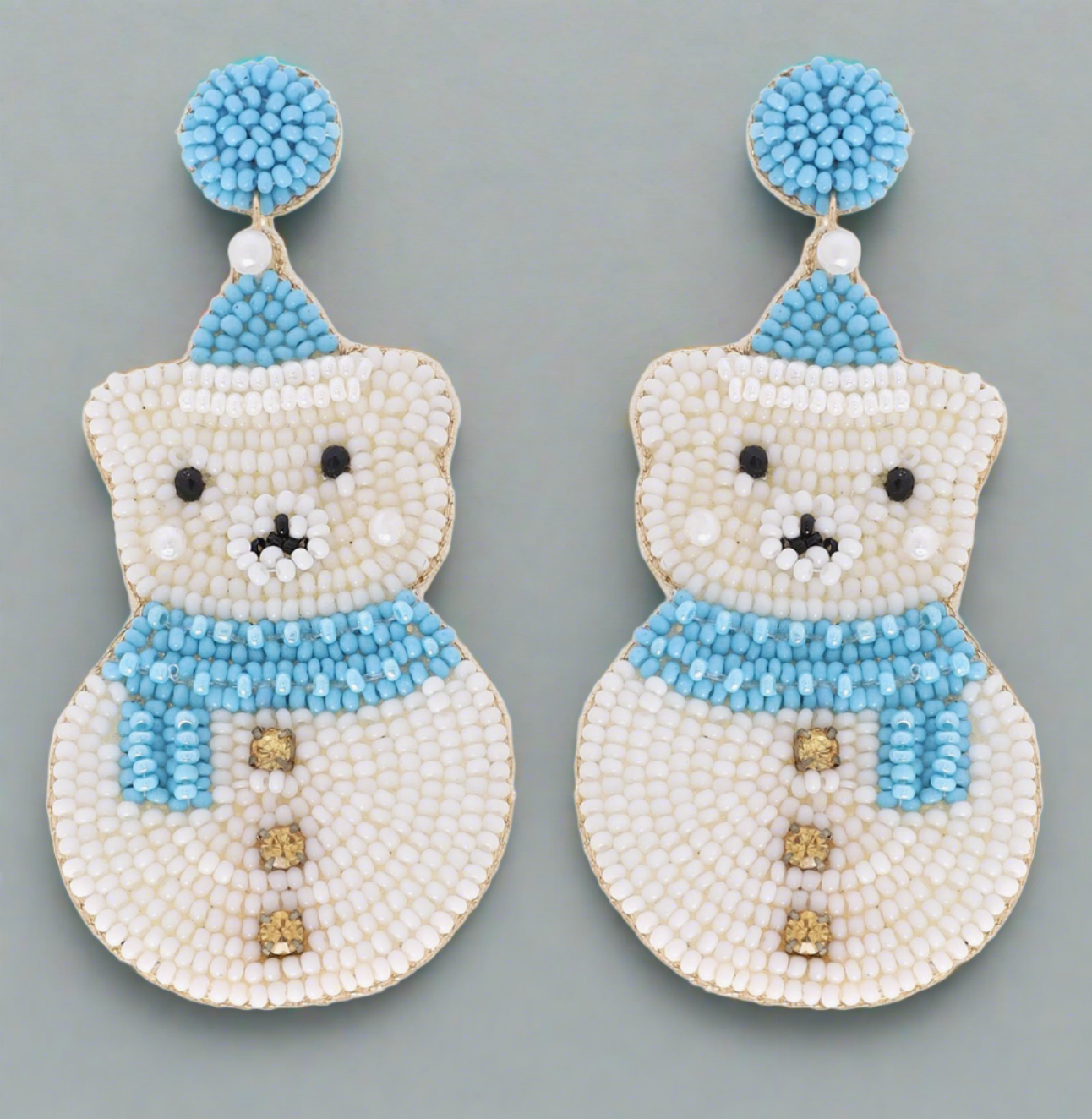 Christmas Cheer All Year Polar Bear Snowman Blue and White Beaded Earrings