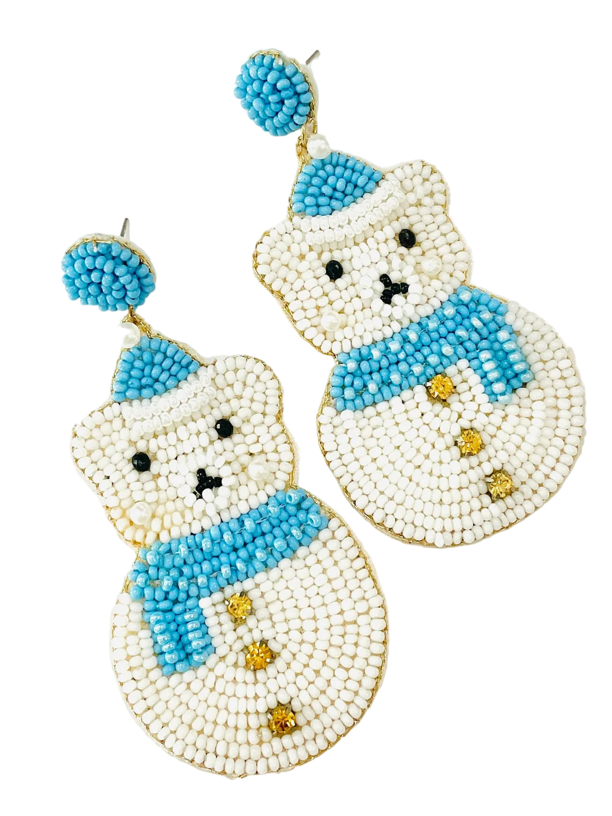 Christmas Cheer All Year pair of beaded polar bear earrings made of white seed beads with light blue seed beads for hats, scarves, and pom-poms, with small gold crystal buttons and black seed beads for facial features.